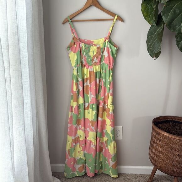 Social Standard Colorful Pink Yellow Smocked Floral Midi Sundress Dress - Picture 5 of 6